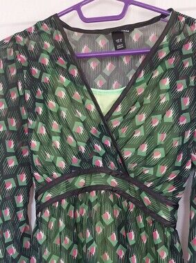 H&M Black Sheer Wrap Top with Green and Pink Geometric Print
